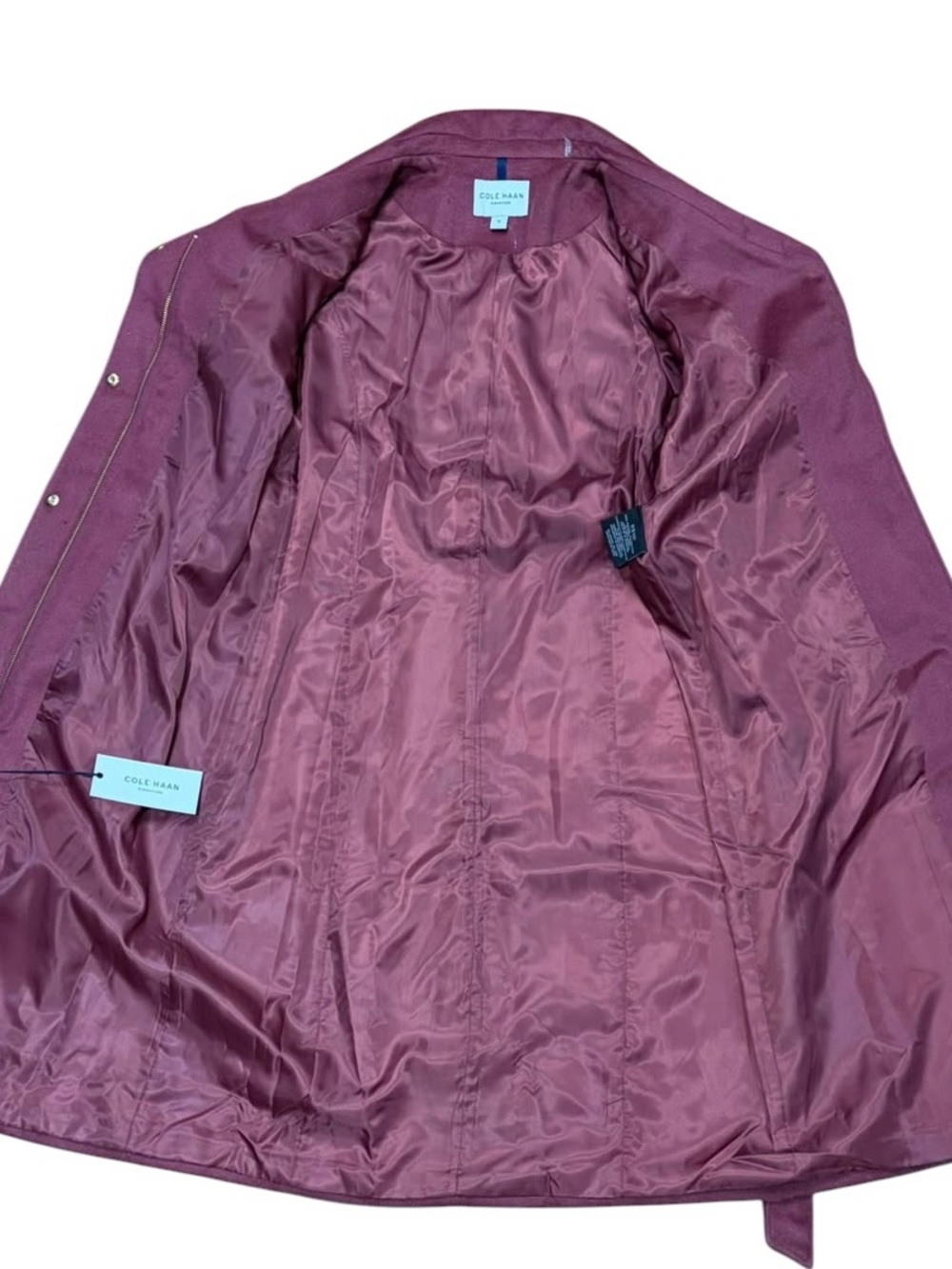 Cole Haan Sz 12 Tie-Waist Wool Trench Coat Dusty Rose pink purple Classic Boho. - Picture 6 of 12